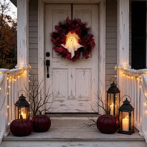HipTree 20 Inch Lighted Ghost Halloween Wreath for Front Door
