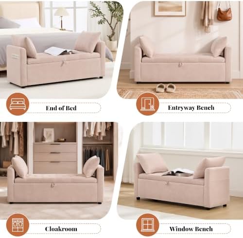 51" End of Bed Storage Bench, Upholstered Chenille Storage Ottoman for Bedroom, Living Room, Entryway, with Arms and 2 Pillows(Pink)