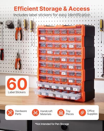 VEVOR 60-Drawer Storage Organizer, Plastic, Drawer Storage Cabinet for Garage Organization, Stackable Small Parts Organizer, Wall-Mounted Toolbox, for Hardware, Beads, Screws, Crafts, Building Bricks