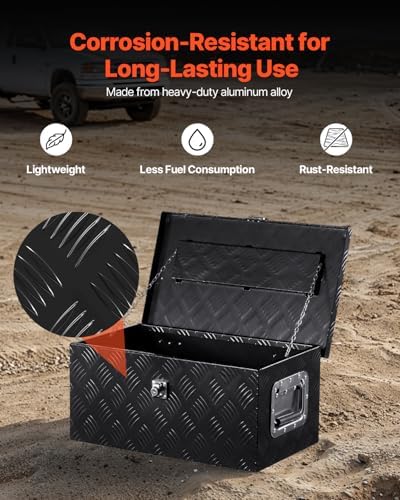 VEVOR Heavy Duty Aluminum Truck Bed Tool Box, Stripes Plated Tool Box with Side Handle and Lock Keys, Storage Toolbox Chest Organizer for Trailer, Pickup, Truck Bed, RV, 20"x12"x9.5", Black