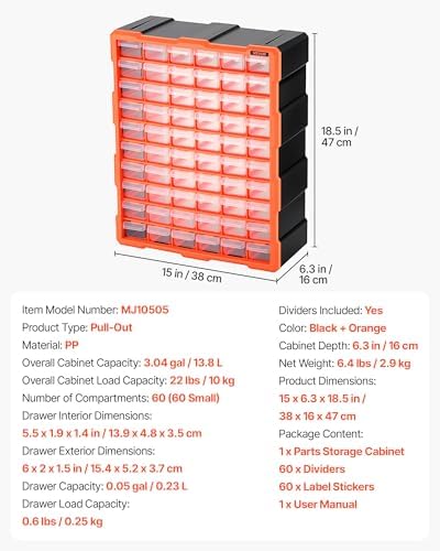 VEVOR 60-Drawer Storage Organizer, Plastic, Drawer Storage Cabinet for Garage Organization, Stackable Small Parts Organizer, Wall-Mounted Toolbox, for Hardware, Beads, Screws, Crafts, Building Bricks