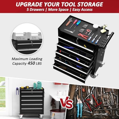 5 Drawers Rolling Tool Chest with Wheels, Portable Rolling Tool Boxes with Wheels, Tool Box Storage Cabinet with Locking System for Garage (Black, 5 Drawers)