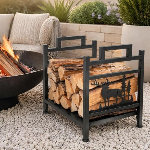 Goplus Firewood Rack Outdoor, 18.5” Metal Firewood Holder w/Mesh Sides & Base, Decorative Deer Patterns, Handle, Indoor Log Storage Rack, Small Wood Rack for Fireplace, Woodstove (18.5" x 13.5" x 18")