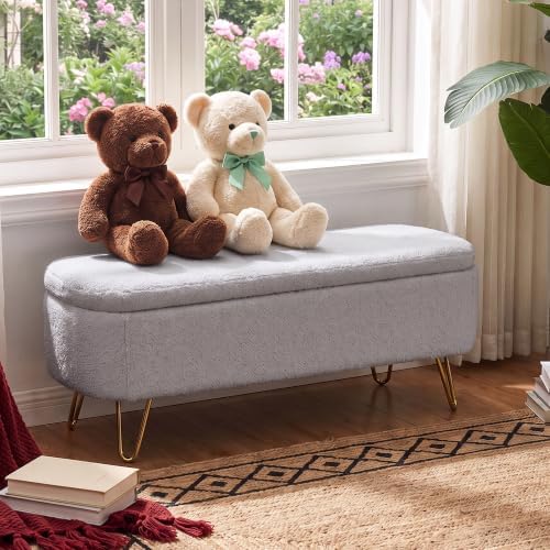End of Bed Storage Bench for Bedroom, Small Boucle Storage Ottoman for Living Room Entryway, Teddy Fabric Upholstered Under Window Bench, Gold Legs, Grey