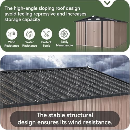 Aoxun 10x12 FT Galvanized Steel Outdoor Storage Shed with Base, Brown