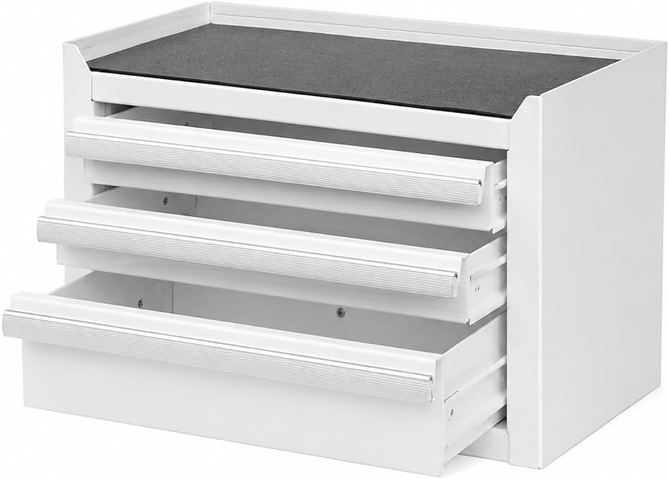 mini 3-drawer white steel tool box, close-up detail