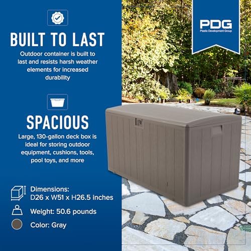 Plastic Development Group Outdoor Deck Box, Soft Close, Driftwood, 130 Gal