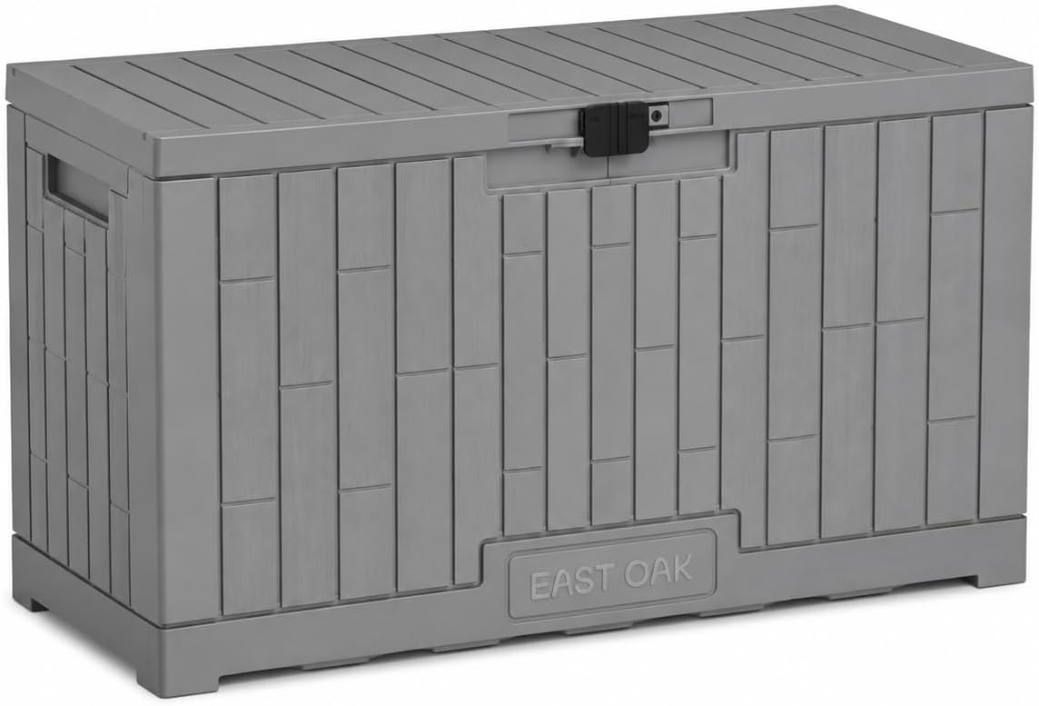 EAST OAK Outdoor Storage Box, 60 Gallon Deck Box Indoor and Outdoor Use, Waterproof Resin Storage Bin for Patio Cushions, Gardening Tools, Lockable, UV Resistant, Ash Grey