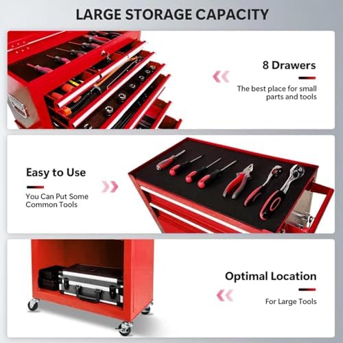 8 Drawers Rolling Tool Chest, 2-in-1 Detachable Metal Tool Storage Cabinet with Wheels, Lockable Tool Cart with Hooks for Garage, Workshop or Salon Use, Red