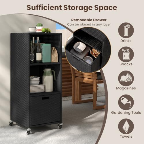 Tangkula Rattan Outdoor Storage Cabinet with 4 Wheels, Black