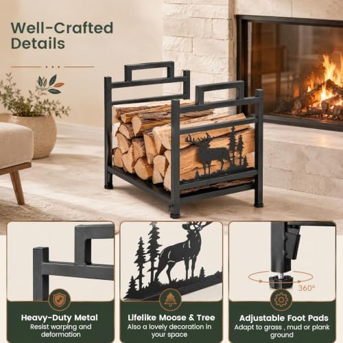 Goplus Firewood Rack Outdoor, 18.5” Metal Firewood Holder w/Mesh Sides & Base, Decorative Deer Patterns, Handle, Indoor Log Storage Rack, Small Wood Rack for Fireplace, Woodstove (18.5" x 13.5" x 18")