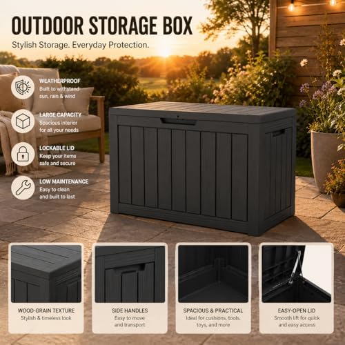 Outdoor Storage Box Resin Deck Box Waterproof Black 51 Gallon