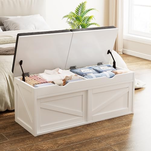 iPormis Shoe Storage Bench,40" Wide 2-Tier Shoe Bench with Padded Seat Cushion and Lift Top Storage,Entryway Bench with Adjustable Shelf,Wooden End of Bed Bench,White