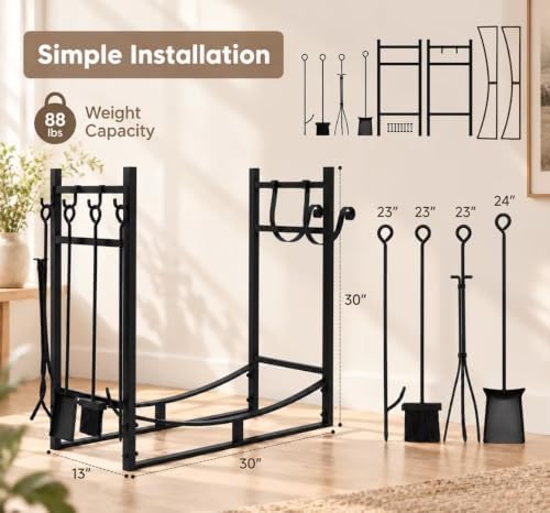 Tangkula 30'' Firewood Log Rack with 4 Tools Set for Indoor & Outdoor