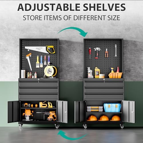SISESOL Metal Storage Cabinet with Wheels and Drawers,Rolling Garage Storage Cabinet with Lock,Black Metal Tool Cabinet with Hooks,Tall Tool Cabinet on Wheels for Garage,Home,Office,Shop