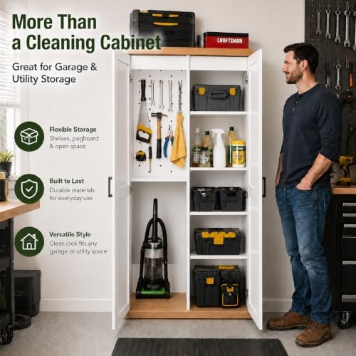 68.9" Wooden Broom Closet Storage Cabinet with Perforated Wood Panel and Doors, Utility Cabinet Built-in Bottom Openwork for Charging Device, Elegant Cleaning Storage Solution for Garage, Laundry