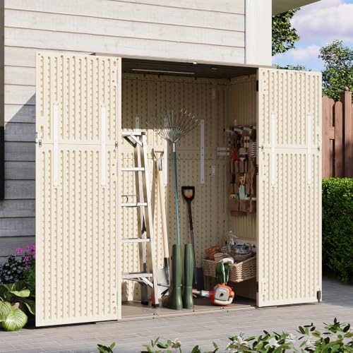 Aoxun 61 Cu.Ft Outdoor Storage Shed, Widened Outdoor Storage Cabinet Waterproof Vertical Resin Shed with Floor for Garden Tools, Pool Equipment, Easy to Assemble(Beige)