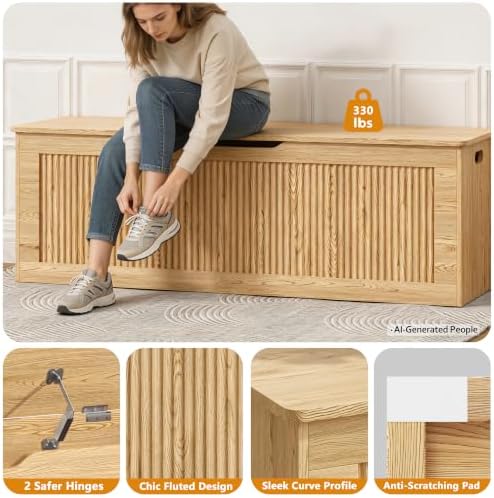 Akxomel 51.2" Fluted Storage Chest Wooden Storage Trunk 2 Safety Hinges Oak