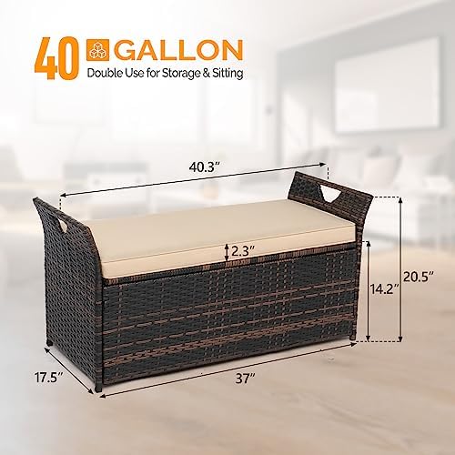 VINGLI 40 Gallon Outdoor Storage Bench with Cushion, Rattan Storage Box, Patio Wicker Deck Box with Seat for Garden | Balcony | Porch | Pool | Yard (Brown Frame + Beige Cushion)