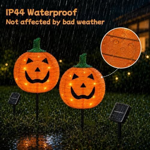 4Pack Solar Halloween Pumpkin Stake Light with 8 Lighting Modes, Fabric Lantern Yard Decor with Metal Stand, Foldable Pumpkin Garden Lights for Lawn, Patio, Pathway, and Halloween Party Decorations