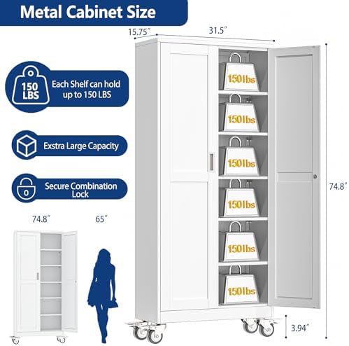 Ckzbx Metal Garage Storage Cabinet with Locking Doors and Adjustable Shelves,75" H Rolling Tool Storaget with Wheels for Garage,Office (White)