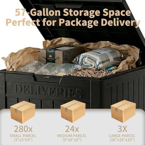 Package Delivery Box, Lockable Resin Outdoor Package, Waterproof Deck Box for Porches, Patios, Indoor & Outdoor Use (57 Gallon, Black)