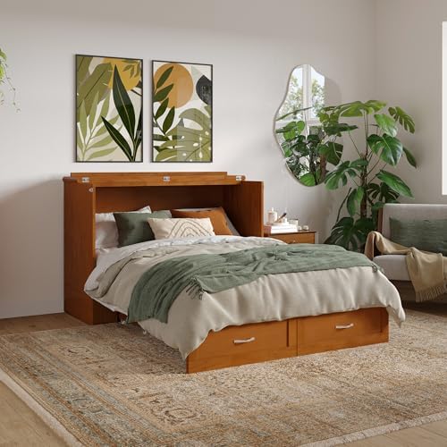 AFI, Hamilton Full Murphy Bed Chest with 6" Mattress & Drawer, Light Toffee