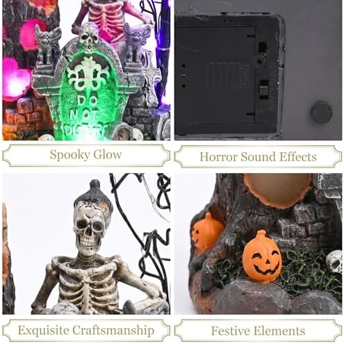 Valery Madelyn Halloween Decorations, Lighted Halloween Village with Music and LED Lights, Resin Spooky Tree and Skeleton Gravestones Scene Haunted House for Home and Party Table Desk Mantel, 8 Inch