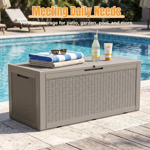 Outdoor Storage Box, 170 Gal Waterproof Resin Deck Box w/Support Rod