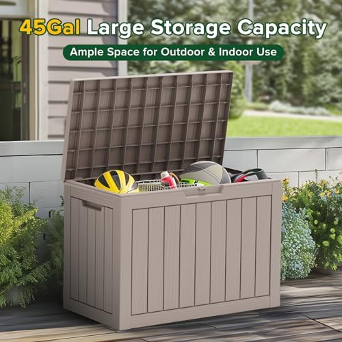 45 Gallon Outdoor Storage Box Waterproof, UV Resistant Deck Box, Lockable Resin Deck Box for Garden Tools Equipment and Cushions, Gray
