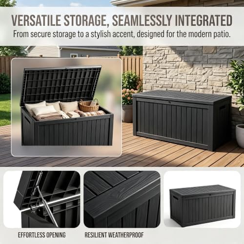 201 Gallon Large Resin Outdoor Storage Box, Waterproof Deck Box with Lockable Lid, Outside Storage Box for Patio Furniture, Pool Accessories, Garden Tools, Storage Bench for Backyard, Porch, Black
