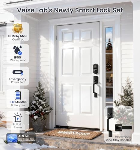 Veise VE017-D Fingerprint Smart Front Door Lock Set, Matte Black