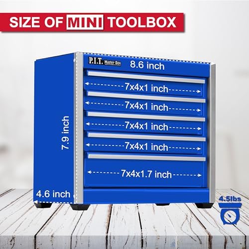 P.I.T. Mini Tool Box,Small Metal Toolbox Organizer with 5 Drawers,Blue