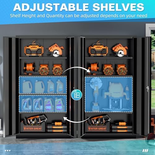 Bonusall Metal Tool Garage Cabinets with 2 Door and 4 Shelves, Locking Cabinet for Garage Storage,Tall Garage Storage Cabinets for Home Office, Warehouse,School(Black)