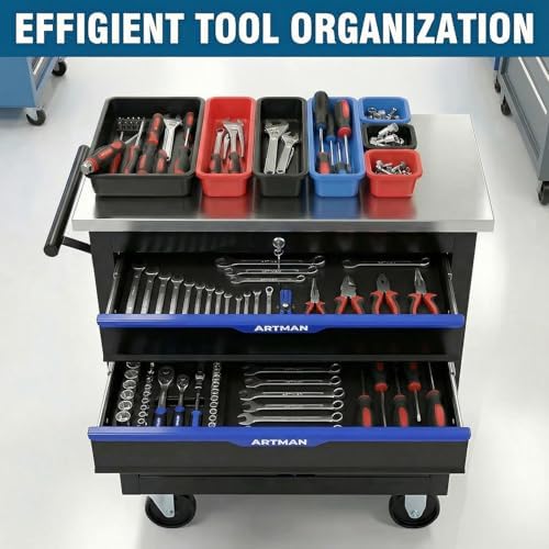 6-Drawer Rolling Tool Chest with Stainless Steel Countertop,Tool Chest with Secure Locking System,Mobile Storage Tool Cabinet with 360°Wheels and Padded Feet,for Home,Garage (Black+Blue)