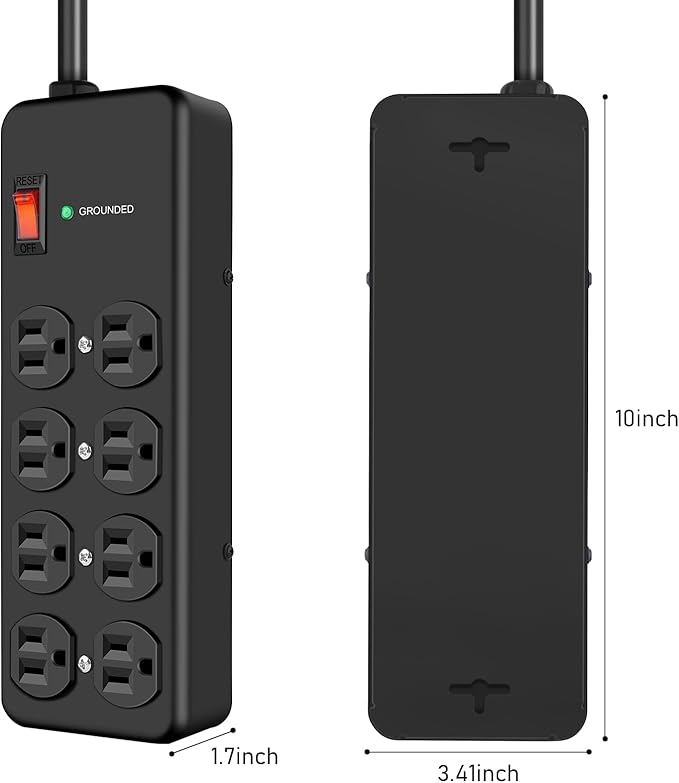 HEZI 8 Outlet Heavy Duty Power Strip, 15Amp Metal Mountable Surge Protector