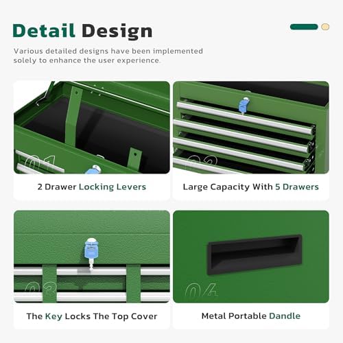 Greenvelly 5-Drawer Tool Chest with Wheels, Pre-Assembled Rolling Tool Chest, Detachable Top Tool Box, Lockable Design, Comes with Drawer Liners & Side Hooks for Garage Workshop Repair Room (Green)