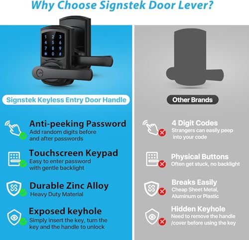 Signstek Keyless Entry Door Lock with Handle, Digital Keypad Door Knob, Smart Electronic Lock with Code, Touchscreen, Auto-Locking, Matte Black