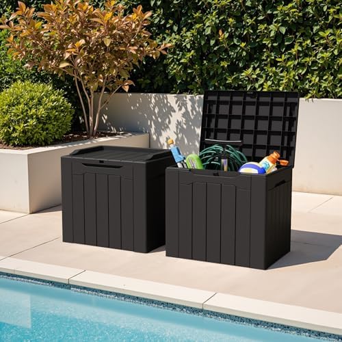 Greesum 31 Gallon Deck Box for Outside, All Weather Outdoor Storage Boxes for Patio Furniture Set, Package Delivery Box, Garden Tools, Black(Set of 2)