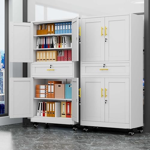 pozdeg 74" White Lockable Rolling Metal Garage Storage Cabinet