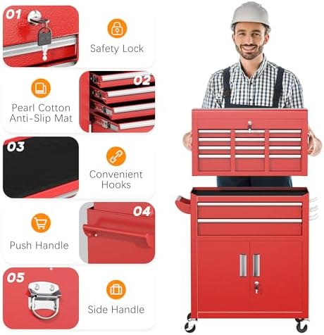 INTERGREAT Tool Chest Cabinet,8-Drawer Rolling Tool Chest with Detachable Top Tool Box, Tool Chests with Universal Lockable Wheels, Metal Tool Cart for Garage, Workshop, Barbershop(Red)