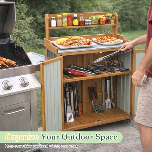 Outdoor Storage Cabinet with 4 Wheels and Handle, Metal & Wood Potting Bench Storage Cabinets with Waterproof Top, Removable Shelf, Potting Table & Workstation for Garden, Patio, Balcony, Garage