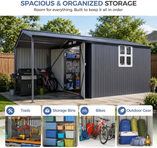 K Knowbody 10x15.5 FT Metal Storage Shed with Canopy，20-Gauge Frame
