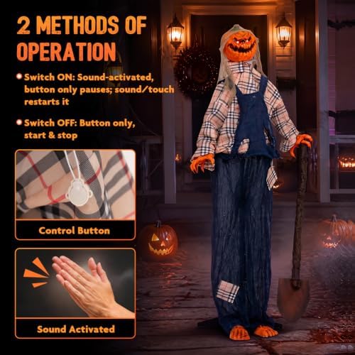 Tangkula 5.3 FT Animated Halloween Standing Pumpkin Scarecrow with Shovel