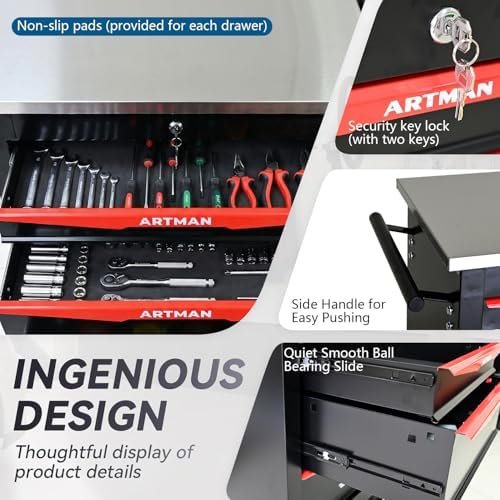 4-Drawer Rolling Tool Chest with Stainless Steel Countertop,Tool Chest with Secure Locking System,Mobile Storage Tool Cabinet with 360°Wheels and Padded Feet,for Home,Garage (Black+Red)