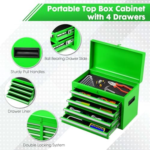 Dawmilon 5-Drawer Rolling Tool Chest, 2-in-1 Tool Box Organizer with Lockable Wheels, Sliding Drawers, and Detachable Top, Garage Workshop Tool Storage Cabinet, Green