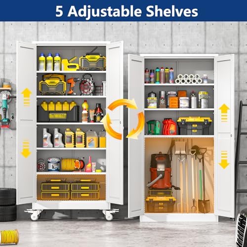 Ckzbx Metal Garage Storage Cabinet with Locking Doors and Adjustable Shelves,75" H Rolling Tool Storaget with Wheels for Garage,Office (White)