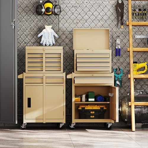 TANGZON Rolling Tool Chest, 2-in-1 Large Capacity Tool Cabinet with Wheels, 5 Drawers & Auto-Locking System, Heavy-Duty Metal Toolbox for Workshop, Warehouse, Garage (Yellow)