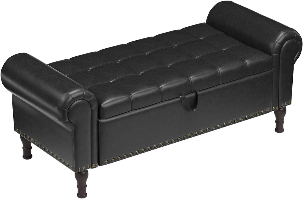 YOUDENOVA 51” Ottoman with Storage, Upholstered Storage Ottoman Bench with Rolled Arms, PU Leather Storage Bench for Bedroom, Living Room, Entryway, Black