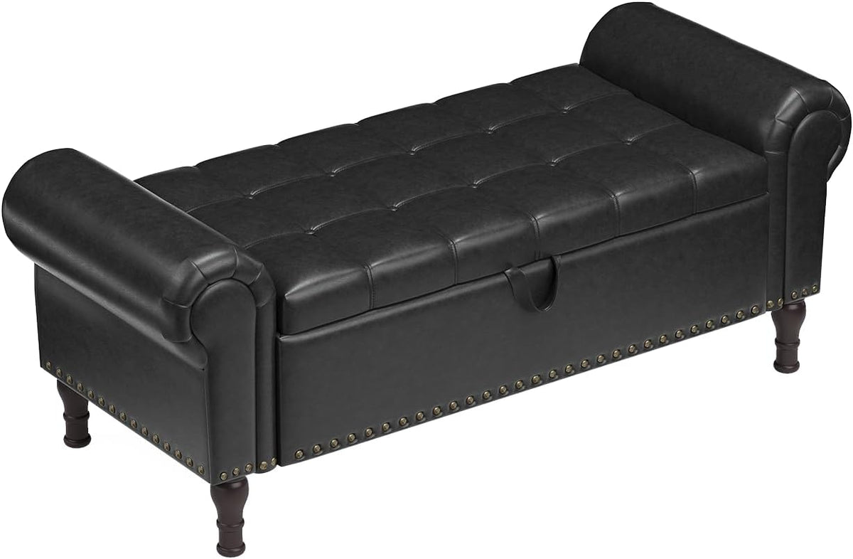 YOUDENOVA 51” Ottoman with Storage, Upholstered Storage Ottoman Bench with Rolled Arms, PU Leather Storage Bench for Bedroom, Living Room, Entryway, Black